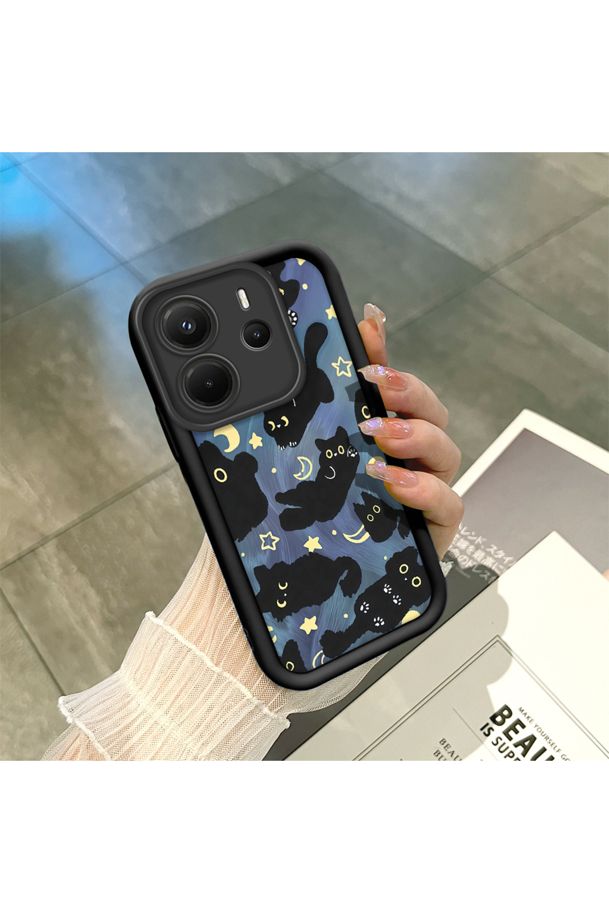 Xiaomi Redmi Note 14 Compatible Black Silicone Moon Patterned Lens Protection Shock Absorbing Flexible Case