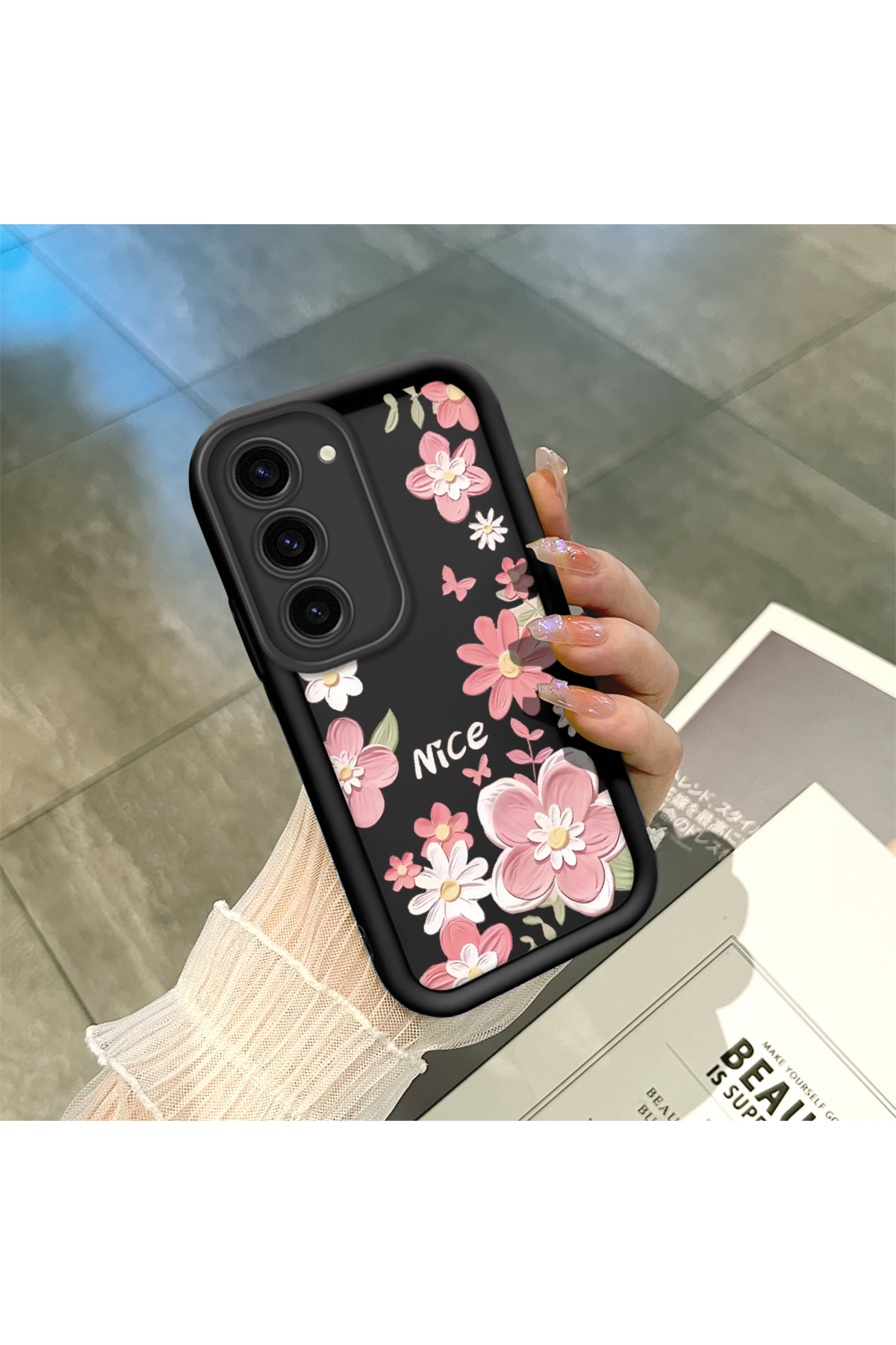 Samsung Galaxy S23 Compatible Black Silicone Lens Protection Shock Absorbing Flexible Case Floral Butterfly Pattern