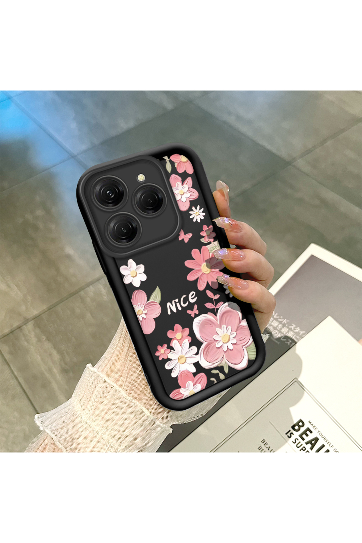Tecno Spark 20 Pro 4G Compatible Black Silicone Lens Protection Shock Absorbing Flexible Case Floral Butterfly Pattern