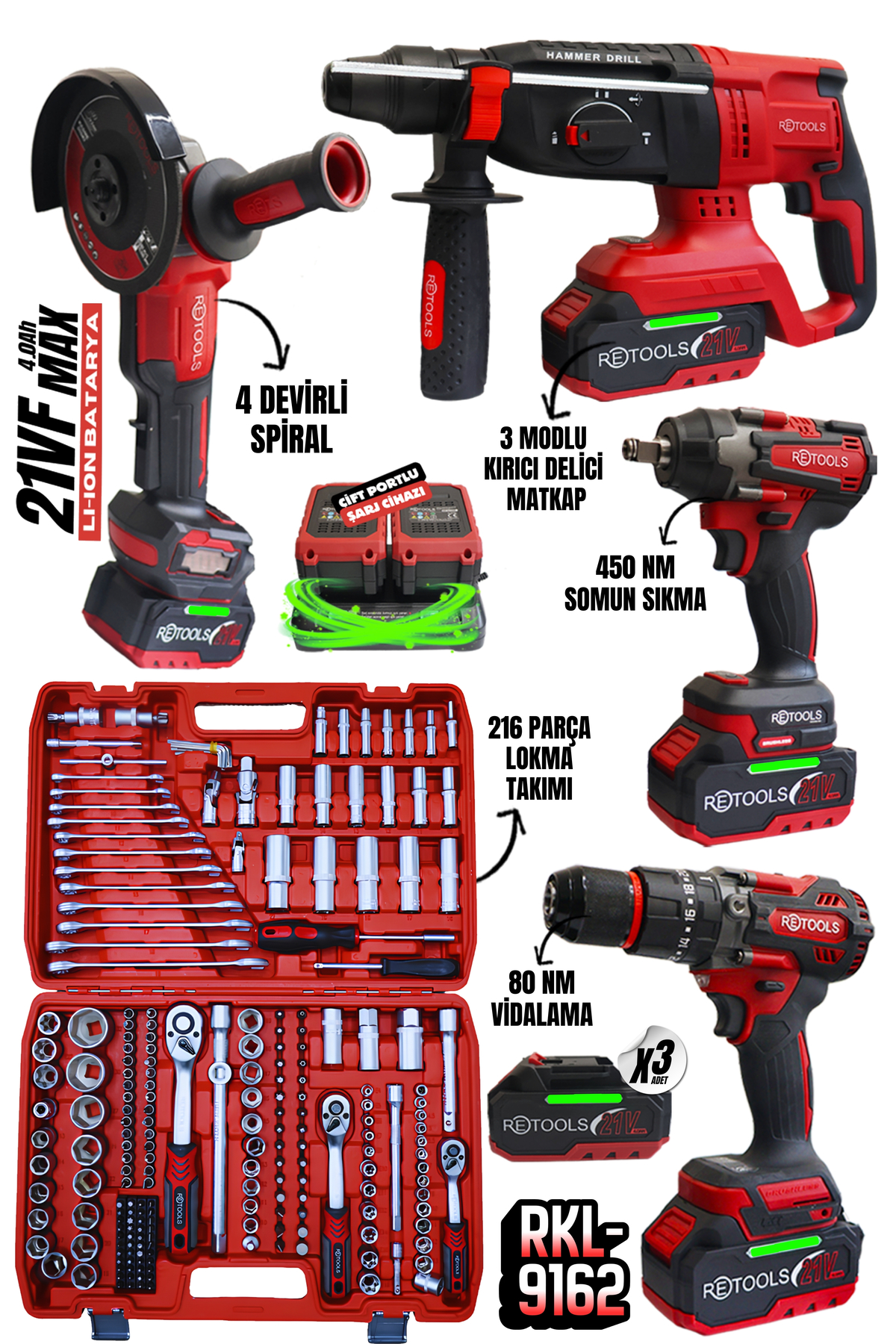 RETOOLS 5'Lİ SET BORDO KABARTMALI (4'LÜ SET + BORDO 216 PARÇA