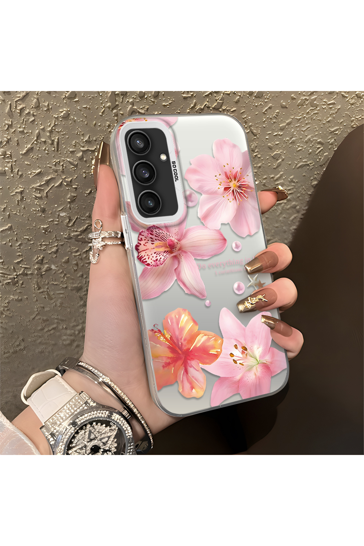 Samsung Galaxy S23 Fe Compatible Flower Pattern Matte Gloss Surface Impact Protection Colorful Silver Case