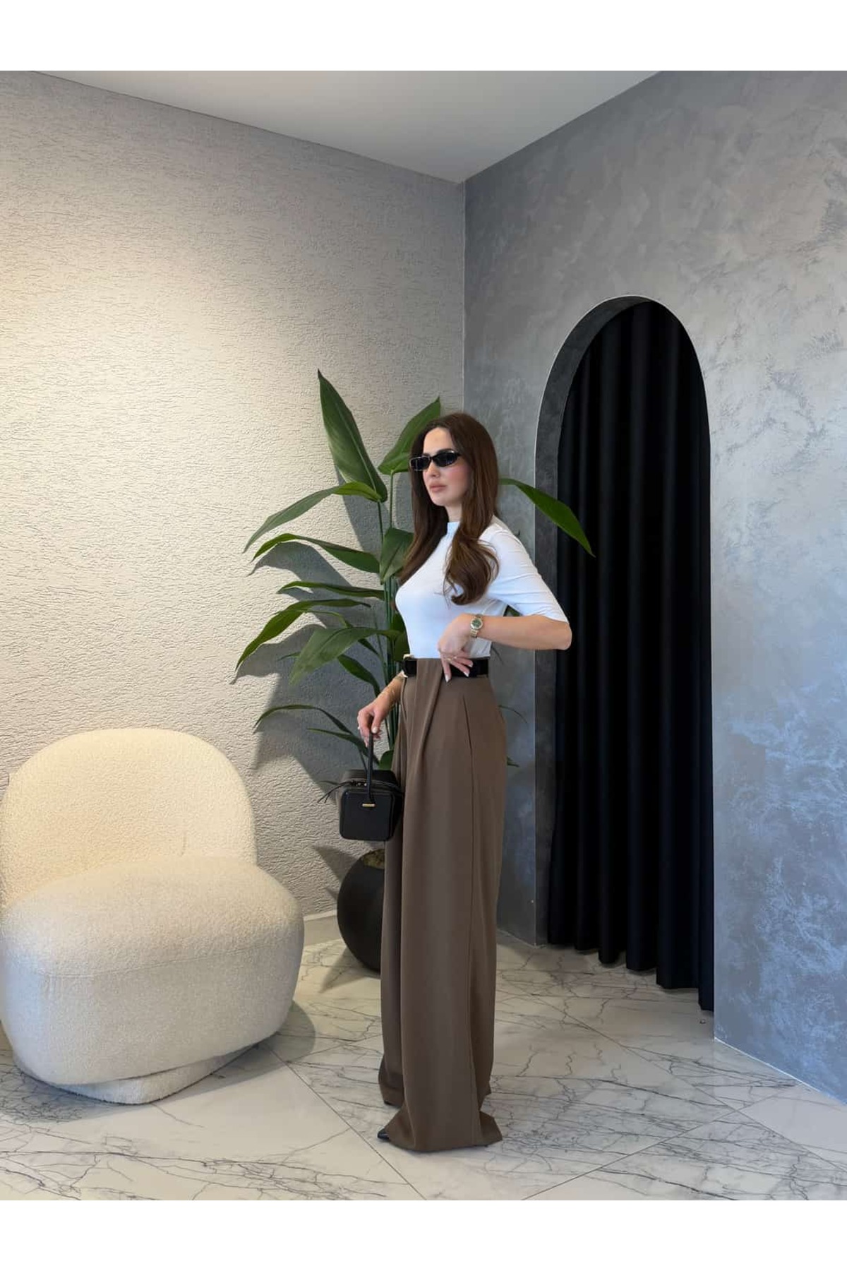 By Merve Darende  Kemerli Yüksek Bel Premium Palazzo Pantolon - Görsel 5
