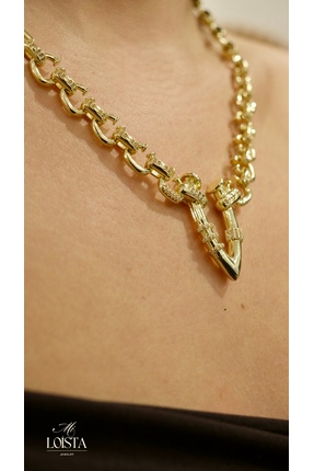 Mi Loista Jewelry Gold Kilit Detaylı Taşlı Zincir Kolye