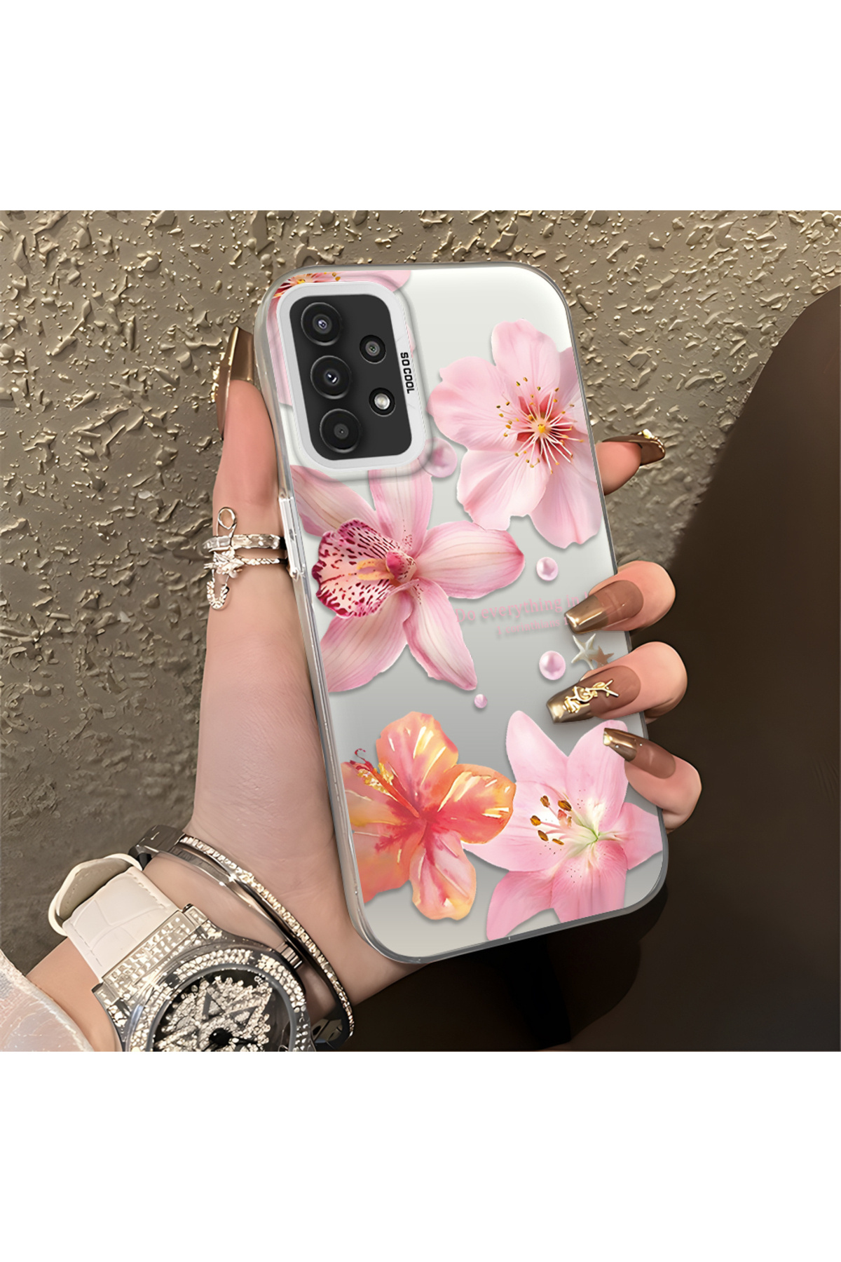 Samsung Galaxy A13 Compatible Flower Pattern Matte Gloss Surface Impact Protection Colorful Silver Case