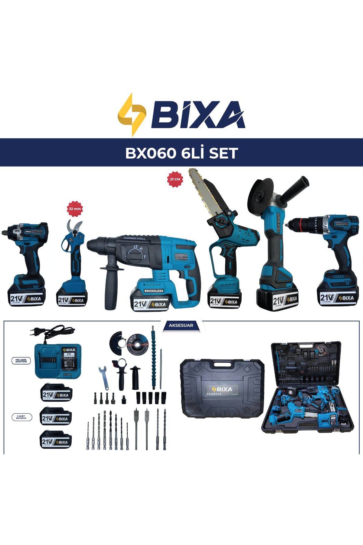 bixa BX060Profesyonel 21V 3 Akülü 6'lı Mega Set: Hilti, Matkap