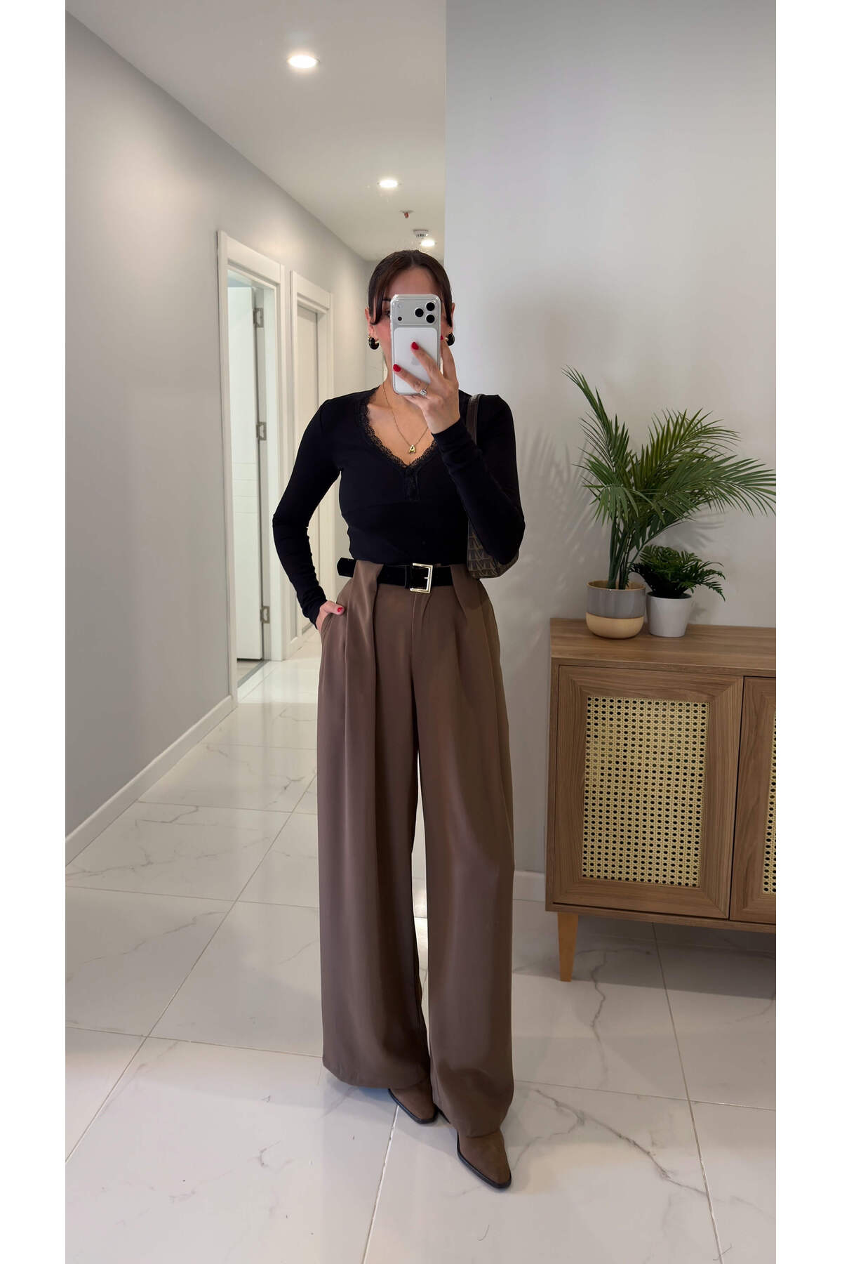 BİRCANÇİL  Ketryy Kahve Köprü Detaylı Kemerli Palazzo Pantolon - Görsel 3