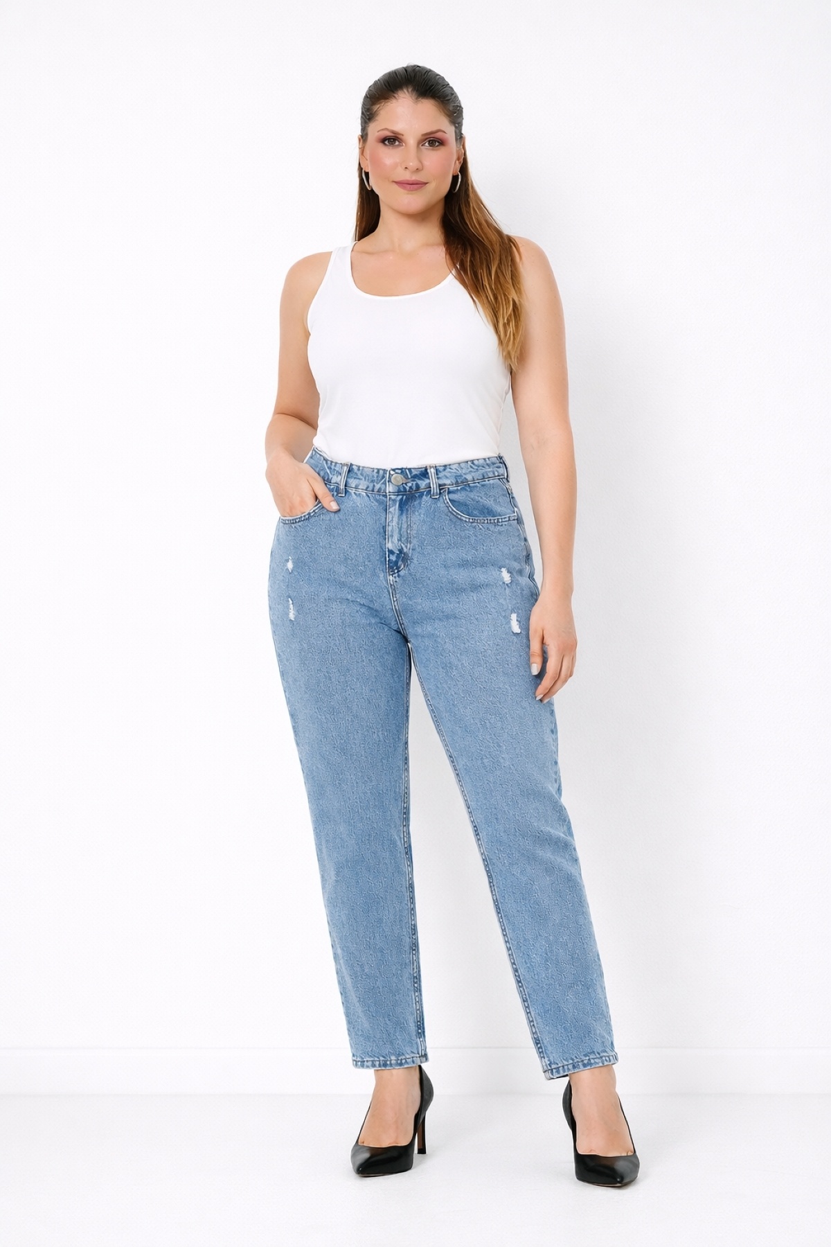 Şans  Kadın Büyük Beden Mavi, Yırtık Detaylı, Yüksek Bel 5 Cep Kot Pantolon 65N39329 - Görsel 3