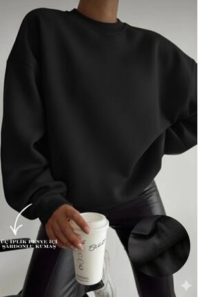 NO 601 Kadın Siyah Desensiz Oversize Bol Sıfır Yaka Sweatshirt