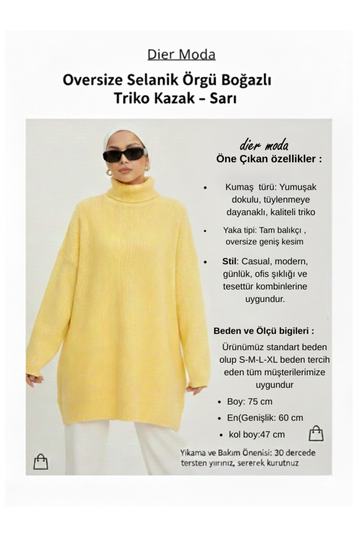 Dier Moda Kadın Sarı Balıkçı Yaka Düşük Omuz Geniş Kesim Triko Kazak Fmoda8084 görsel 8