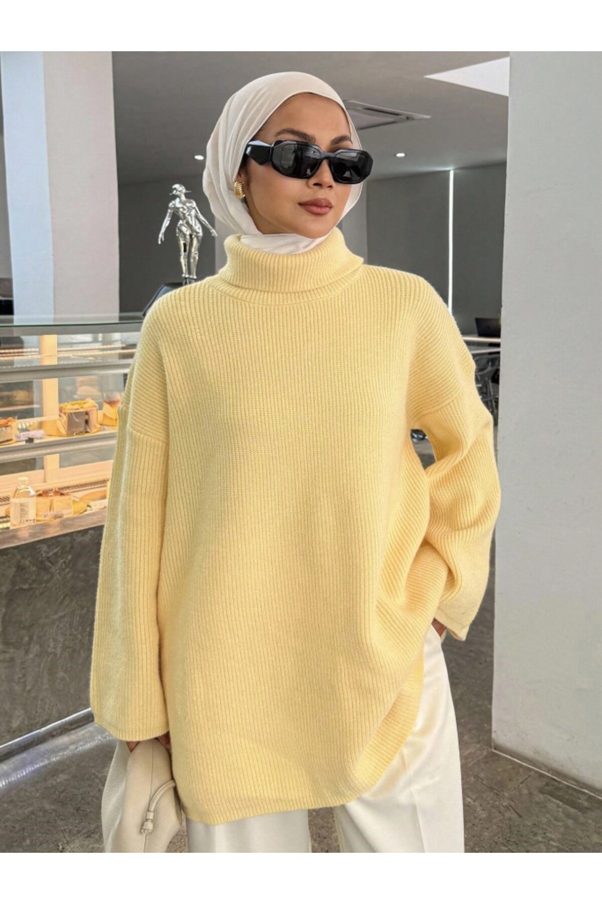 Dier Moda Kadın Sarı Balıkçı Yaka Düşük Omuz Geniş Kesim Triko Kazak Fmoda8084