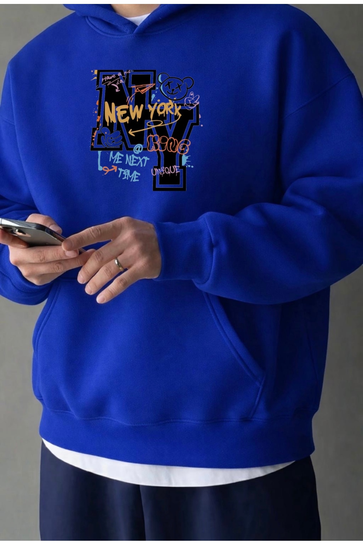 FUFLUNS NY AYICIK BASKILI OVERSİZE UNISEX KADIN/ERKEK KAPÜŞONLU SWEATSHİRT