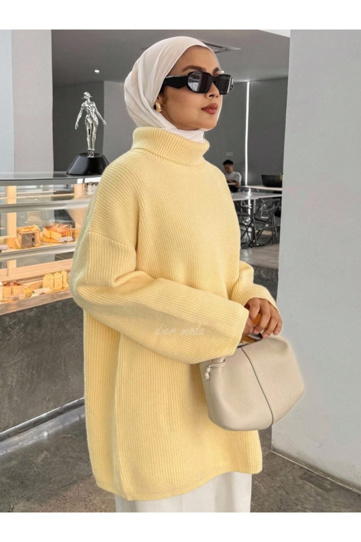 Dier Moda Kadın Sarı Balıkçı Yaka Düşük Omuz Geniş Kesim Triko Kazak Fmoda8084 görsel 6