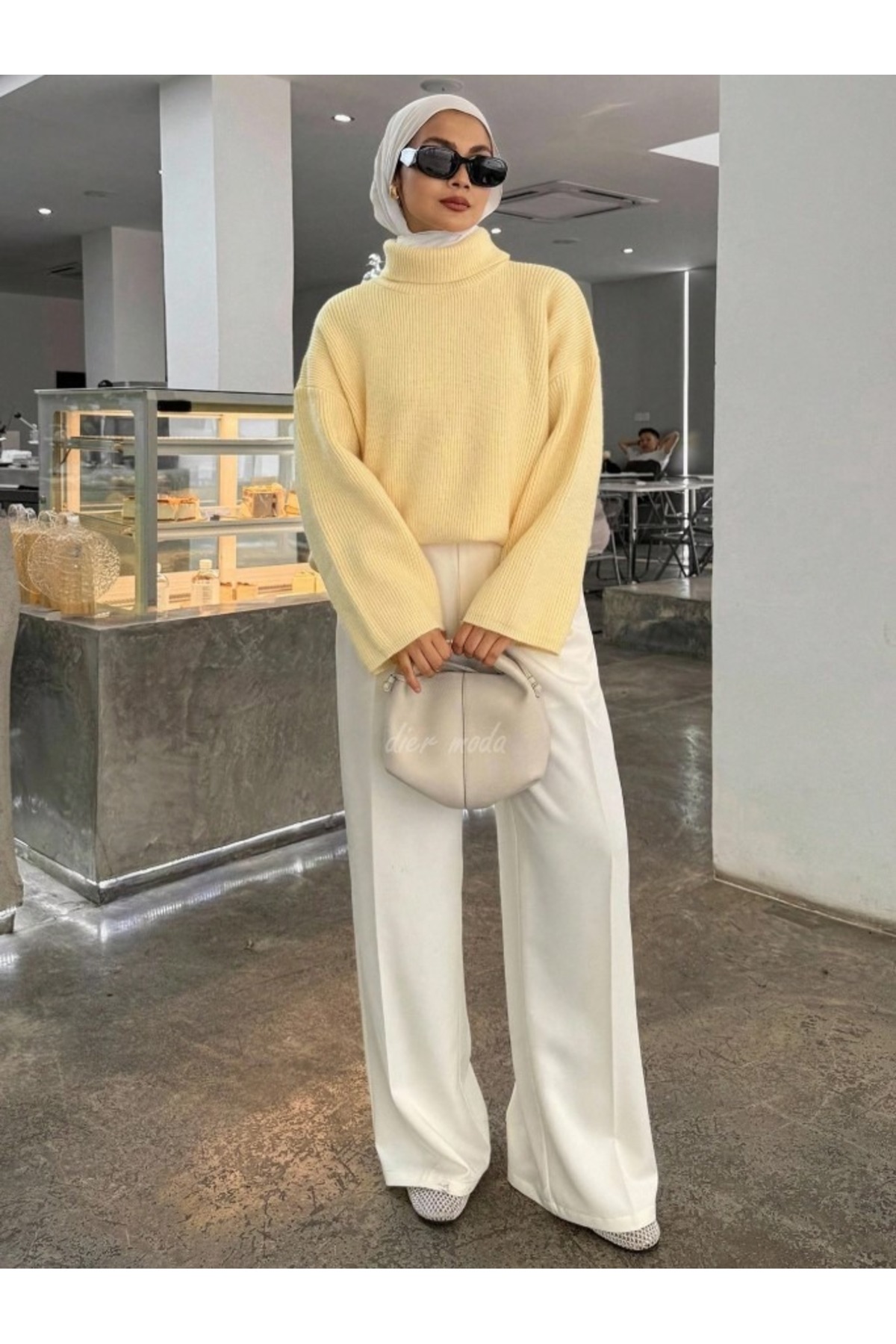 Dier Moda Kadın Sarı Balıkçı Yaka Düşük Omuz Geniş Kesim Triko Kazak Fmoda8084 görsel 4
