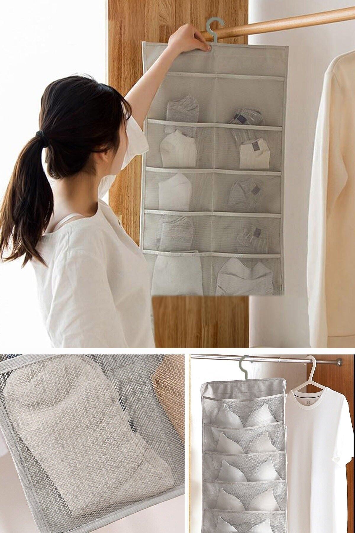 Mikasso 15 Cepli Dolap Içi Iki Taraflı Iç Çamaşırı Organizeri Kumaş 75 x 40 Gri TR fotoğrafı 2 (önizleme)