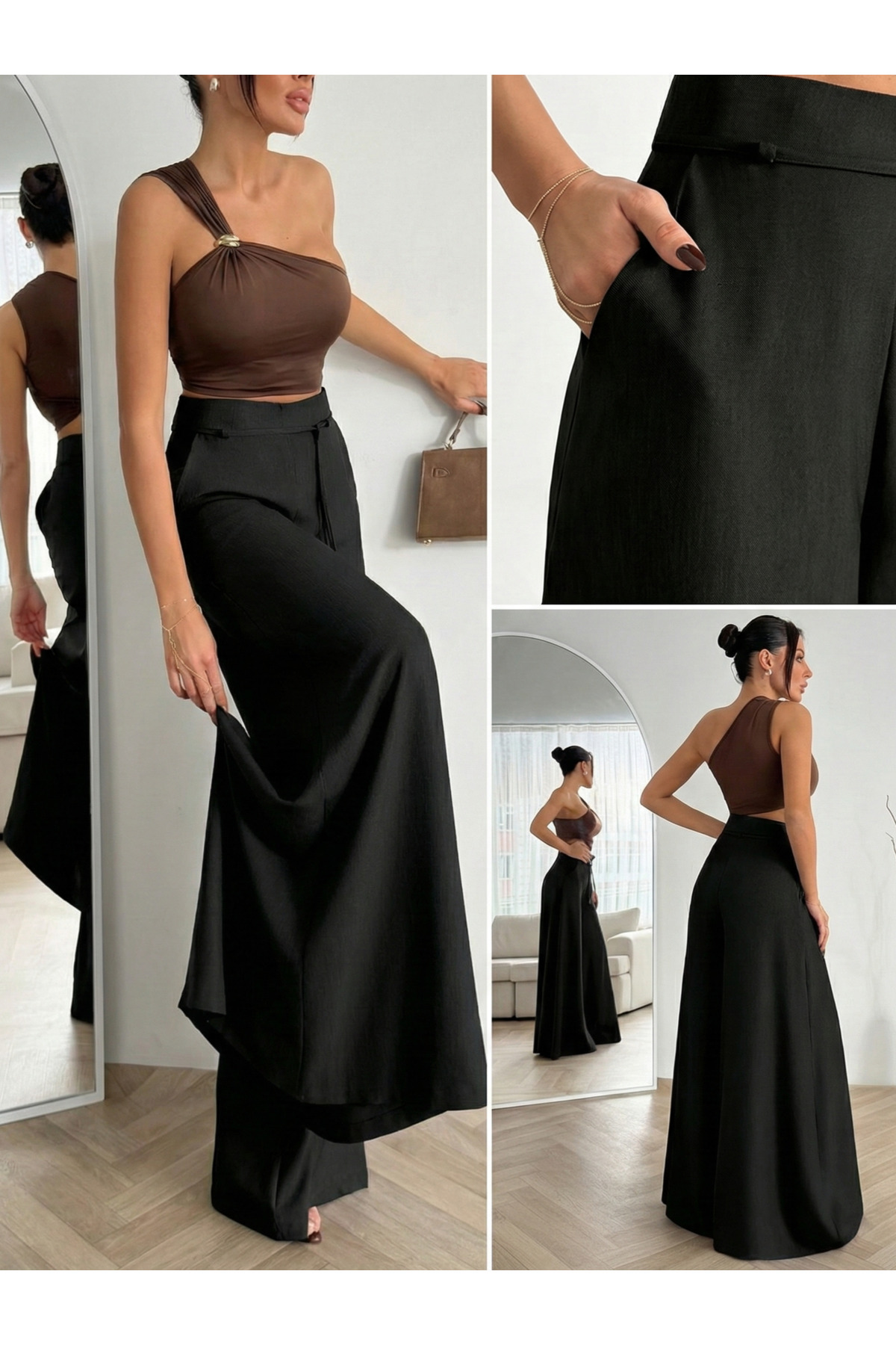 ZEYNEP RANA KADIN KETEN DÖKÜMLÜ SALAŞ KESİM WIDE LEG PALAZZO PANTOLON görsel 8