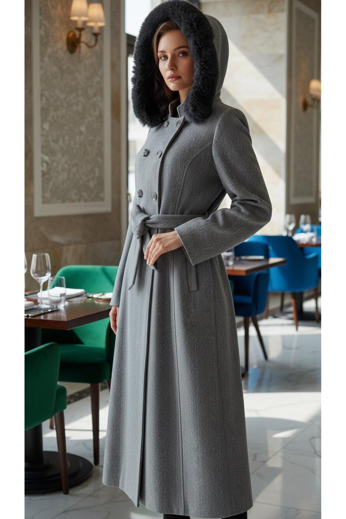 ESİN GİYİM  Kruvaze Düğmeli Kuşaklı Kapşonlu Kaşe Kaban - Görsel 4