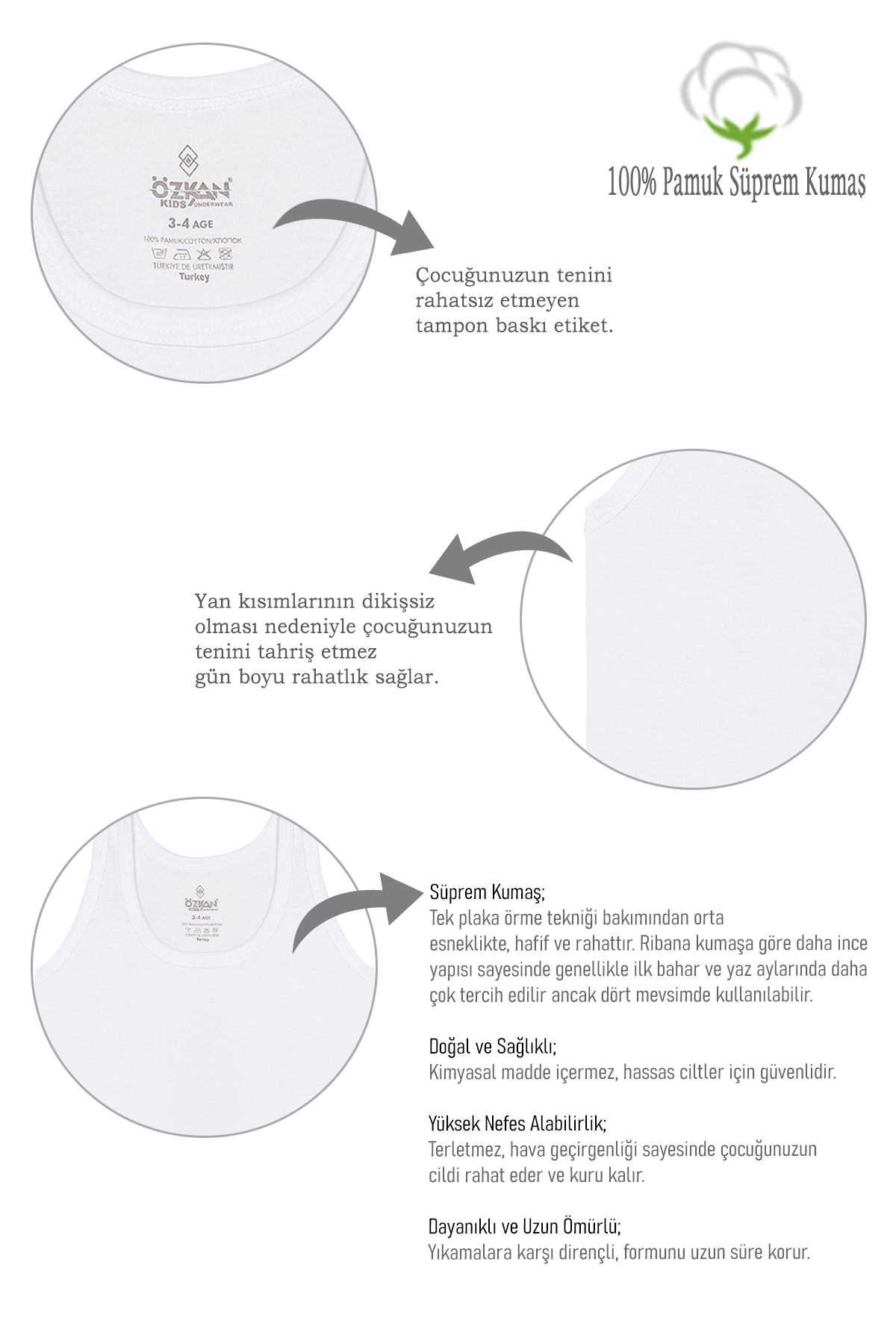 ÖZKAN underwear Özkan 0702 5'li Paket Erkek Çocuk Bebek %100 Pamuklu Süprem Kumaş Esnek Rahat Atlet fotoğrafı 2 (önizleme)