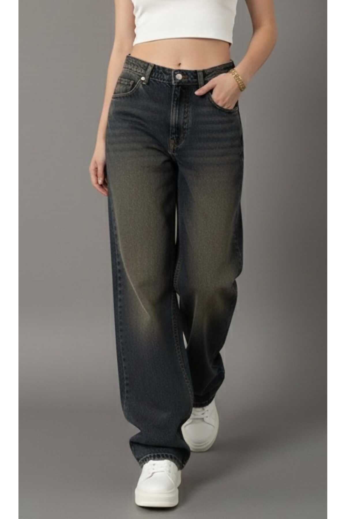 Dark Brown Tint Baggy Buckle Detailed Wide Cut Wide Leg Comfortable Baggy Jean Jeans Loose Women's Pants