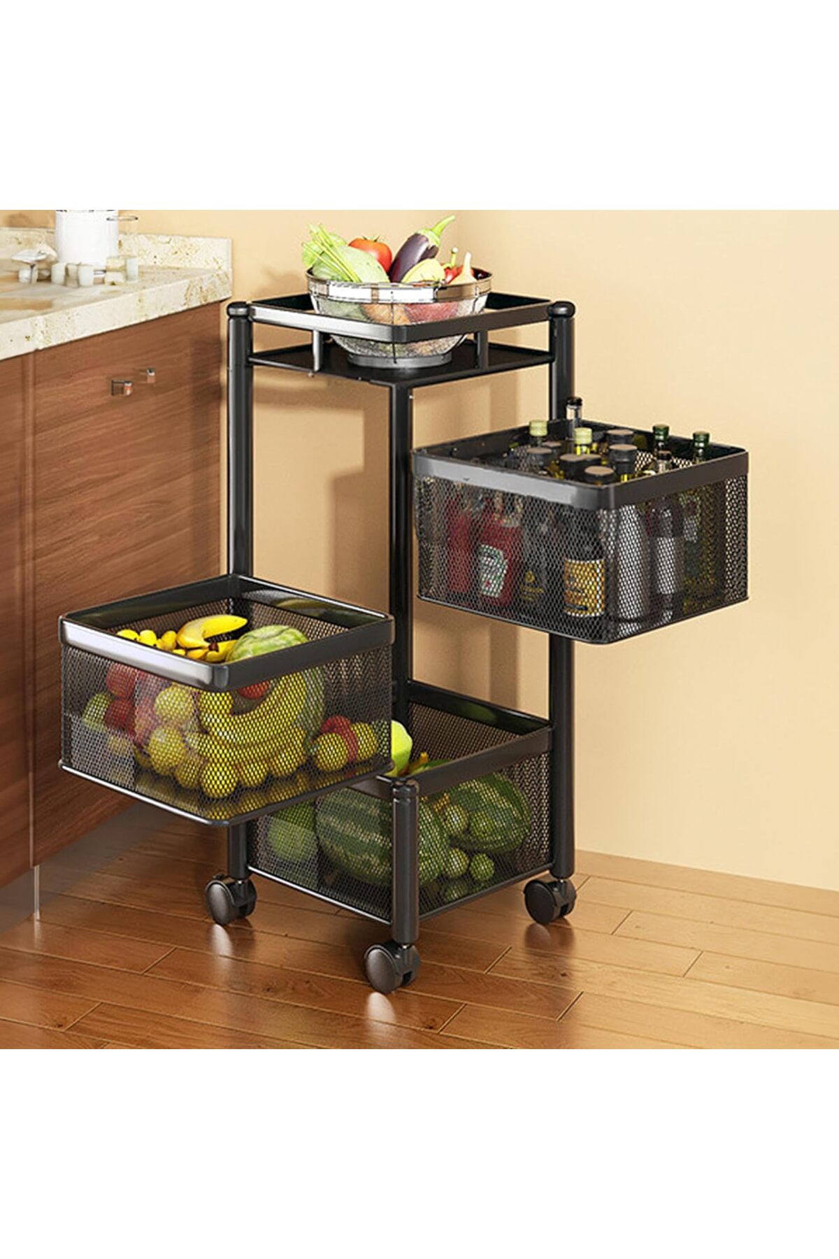 منظم دوار وسلة فواكه وخضروات بعجلات – رف تخزين متحرك متعدد الطبقات للمطبخ