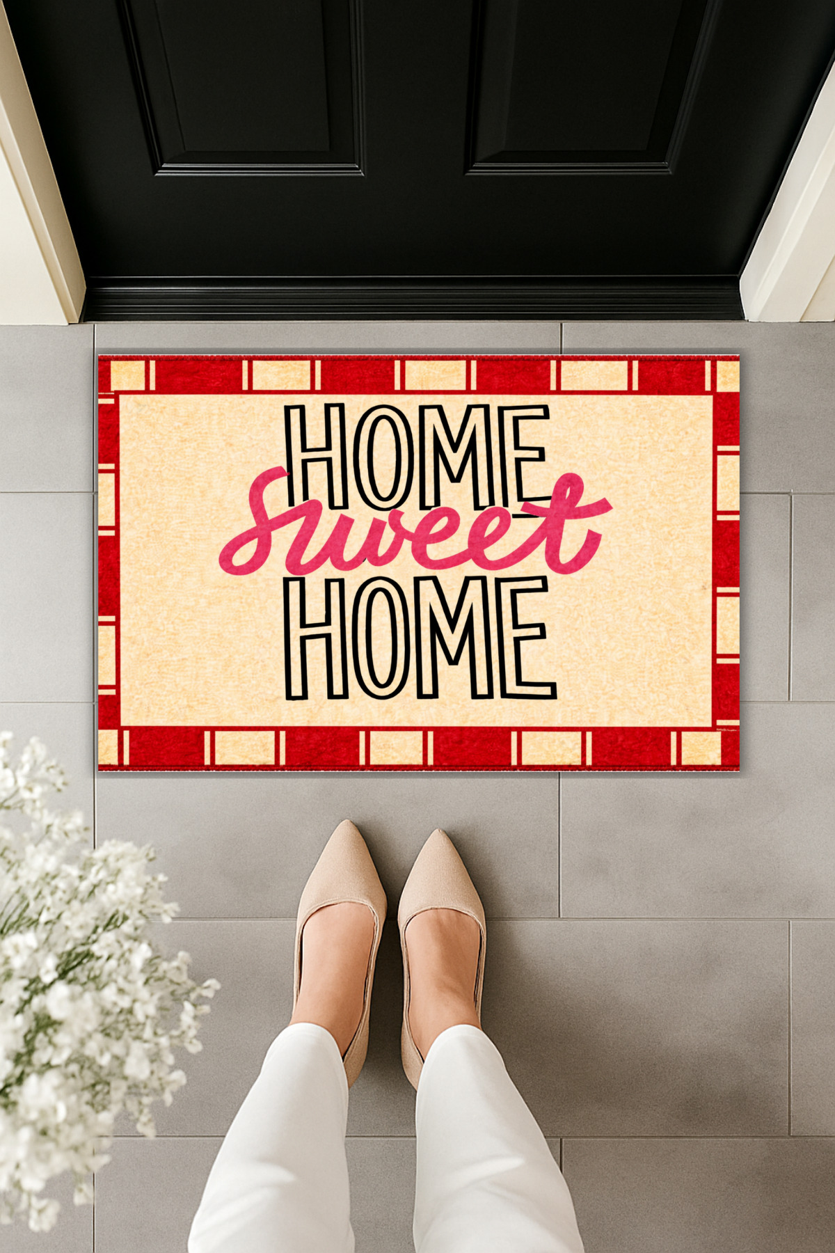 Modern Digital Printing Mat - Red, Beige Home Sweet Home - Door Mat