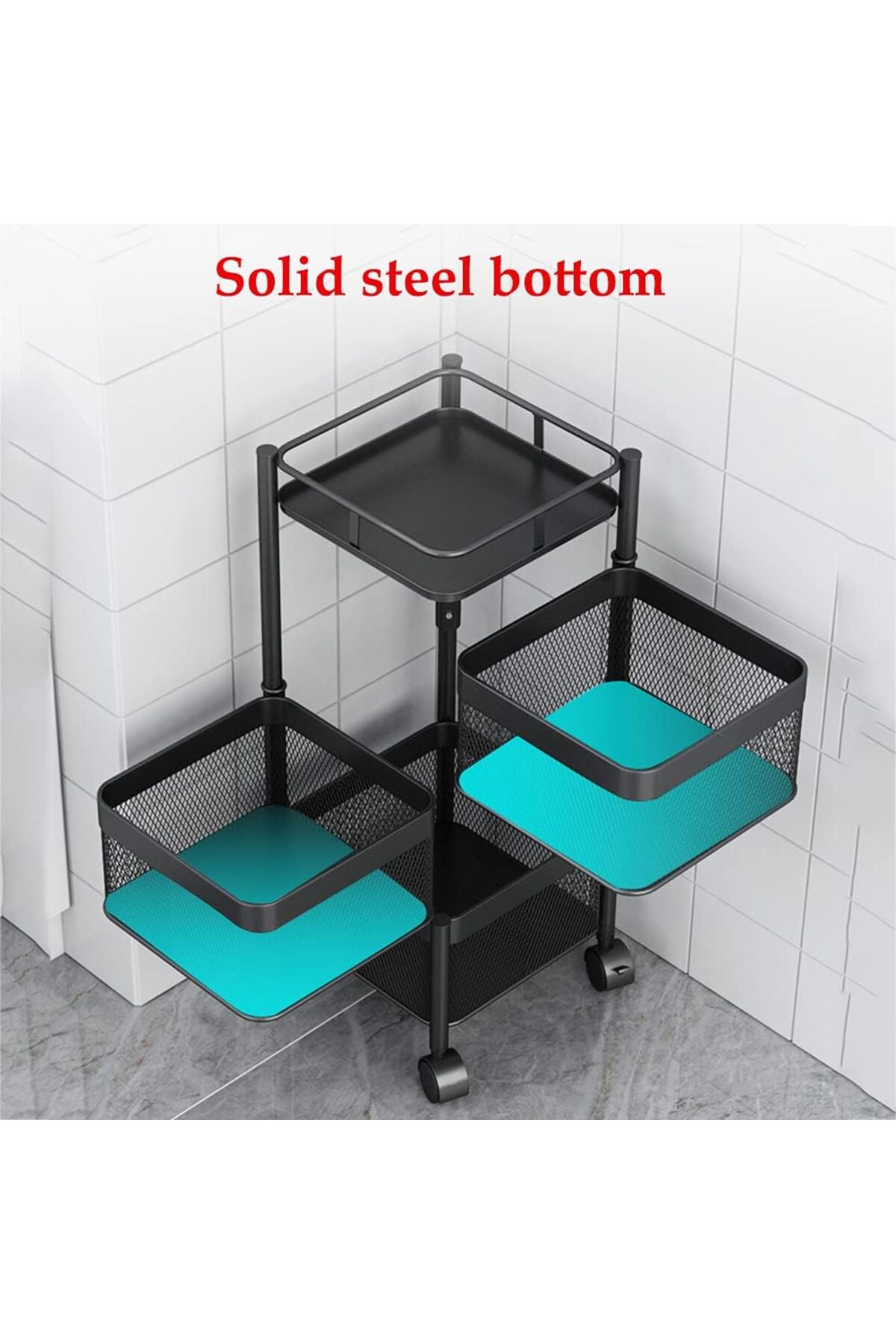 منظم دوار وسلة فواكه وخضروات بعجلات – رف تخزين متحرك متعدد الطبقات للمطبخ