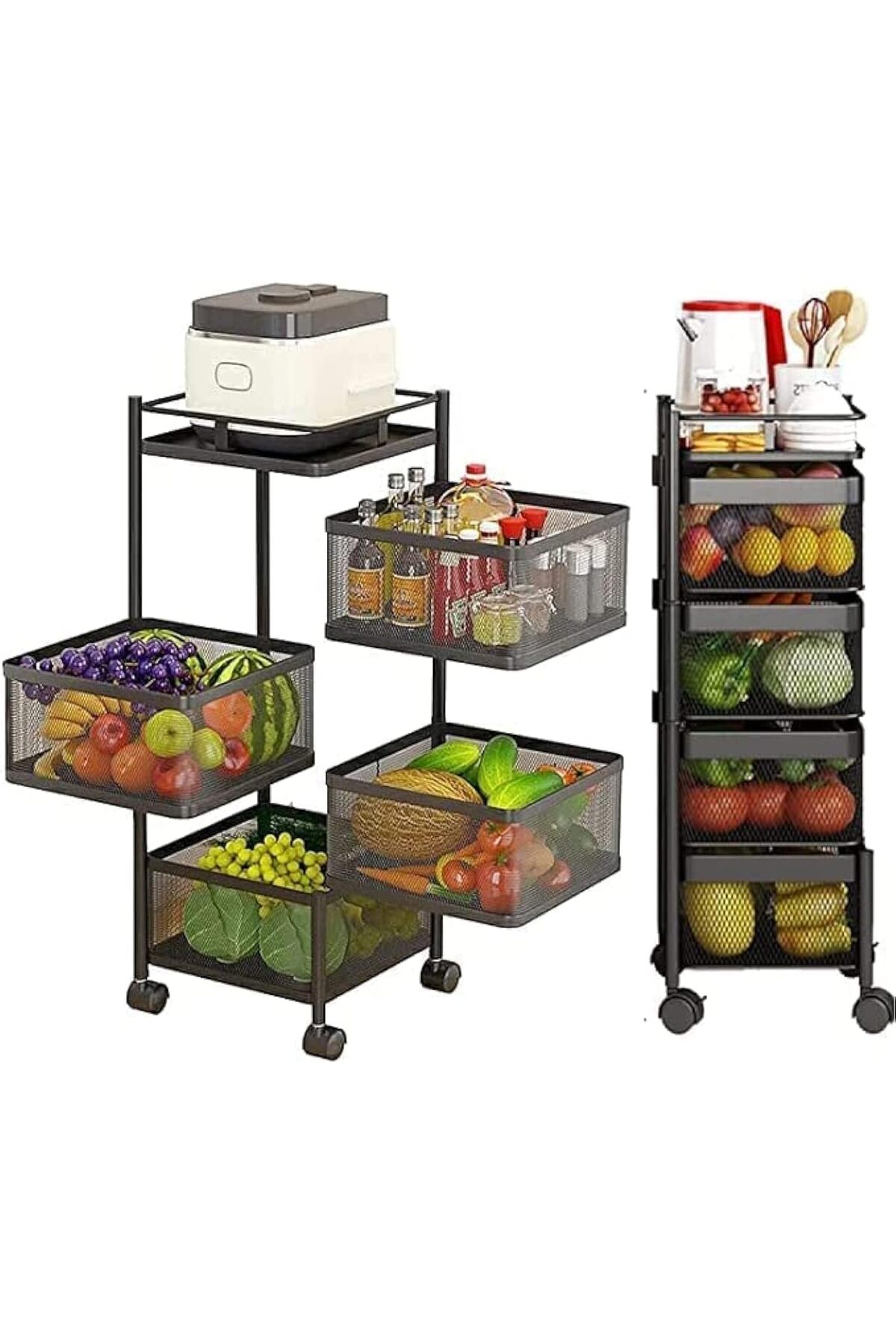 منظم دوار وسلة فواكه وخضروات بعجلات – رف تخزين متحرك متعدد الطبقات للمطبخ