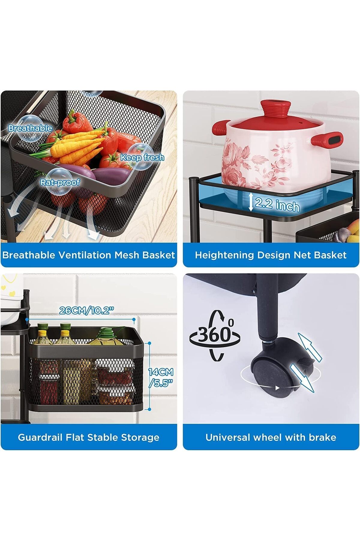 منظم دوار وسلة فواكه وخضروات بعجلات – رف تخزين متحرك متعدد الطبقات للمطبخ