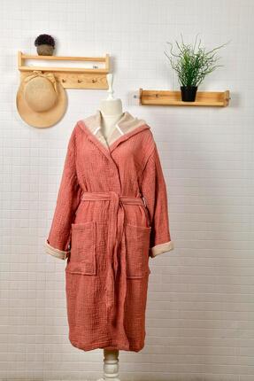 Evini Love Kapüşonlu 4 Kat Müslin Kırmızı Bornoz, Kimono, Sabahlık, %100 Pamuk