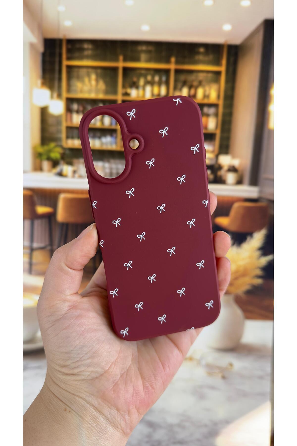 iPhone 16 Plus Compatible White Bow Pattern Silicone Shock Absorbing Classic Protected Rubber Case