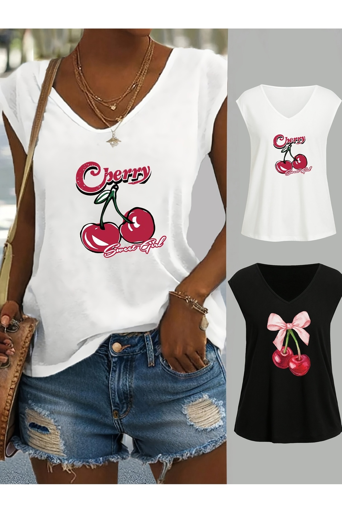 Women's 2 Pieces Mix Printed V-Neck Sleeveless Oversize Salas Boyfriend T-shirt Set