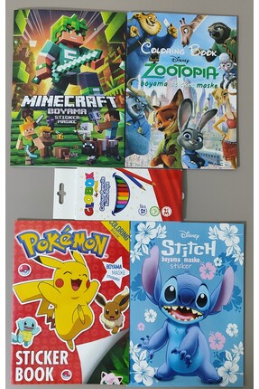ada çanta kırtasiye 4 adet stickerli boyama kitabı ve 12 li kuru boya kalemi ...