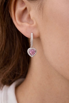 liore dünyası 925 Ayar Gümüş Pembe Kalp Taşlı Küpe