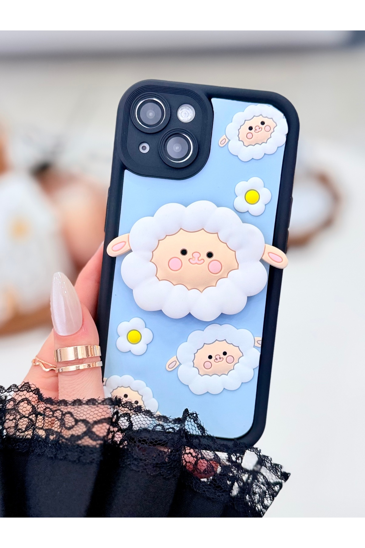 Iphone 13 and iphone 14 Compatible Pop Socket Lamb Toy Design Flexible Silicone Case