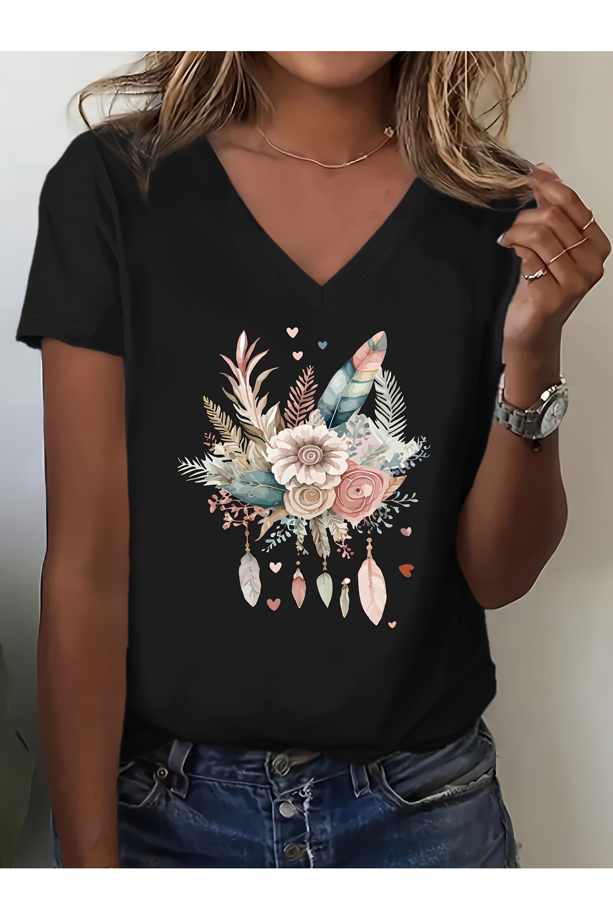 Floral Printed Regular Casual Cut V-Neck T-shirt