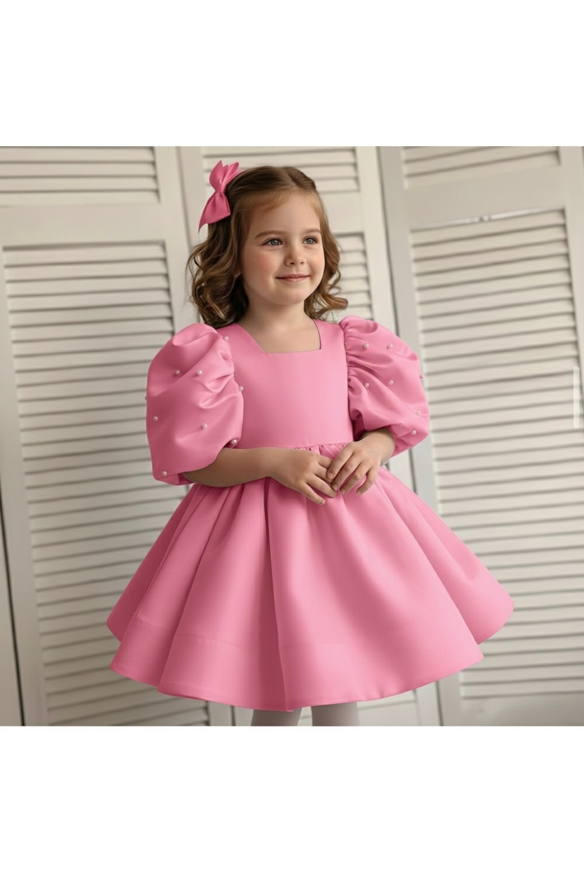 Asel Kids Kız Çocuk İnci Detaylı Balon Kol Mini Elbise