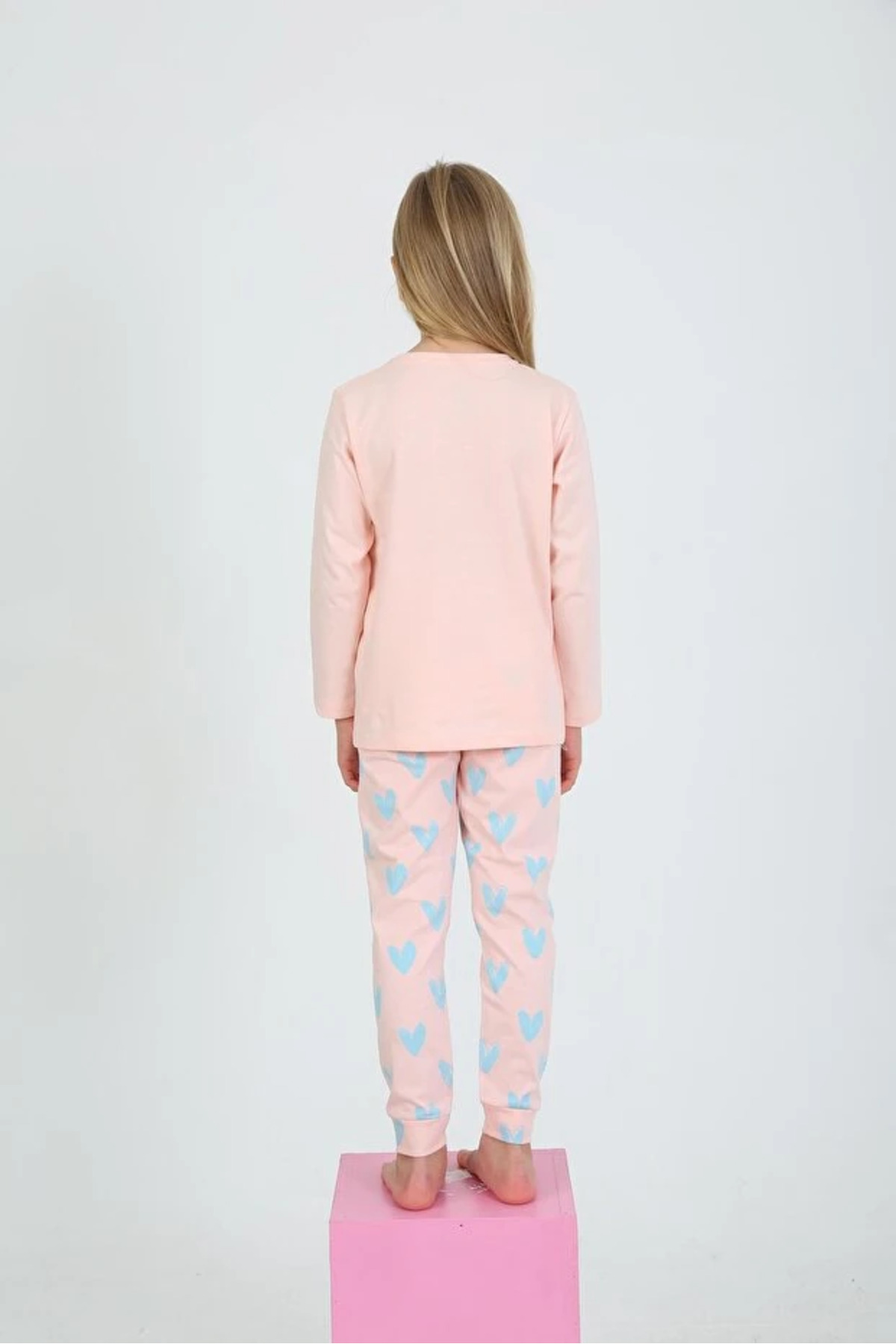 Little Miny Kids Kalp Desen %100 Pamuk Pudra Pembe Kız Çocuk Pijama Takım fotoğrafı 3 (önizleme)