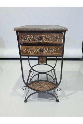 DNC Art&Deco 2 Çekmeceli Plak Standlı Ahşap El Oyması Ferforje Komidin - 40x8...