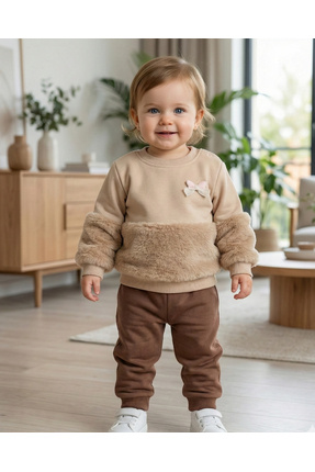 Asliva fashion Asliva Kız Bebek Kürk ve Fiyonk Detaylı 2'li Takım Sweatshirt ...