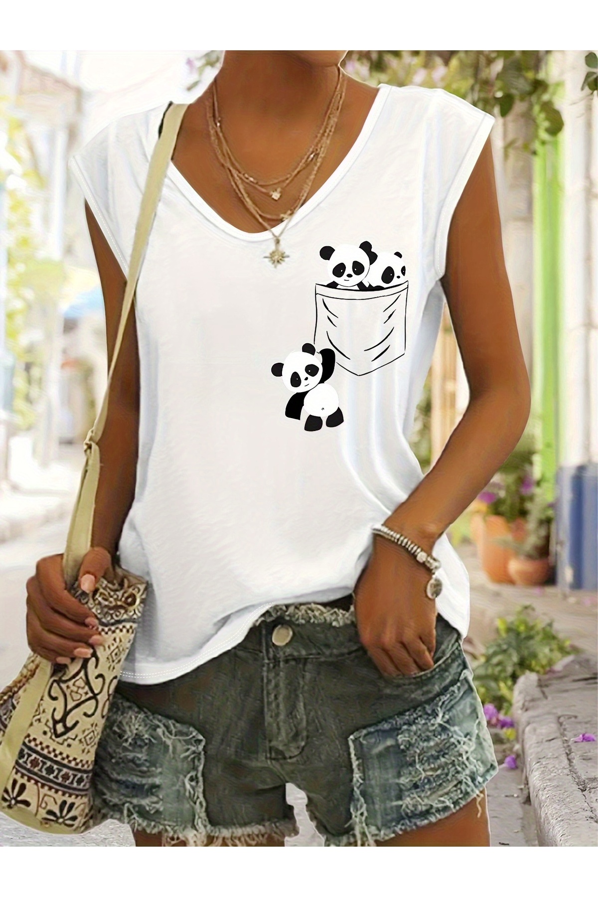 Women's Sleeveless V-Neck Printed Casual Cut Loose Fit T-shirt