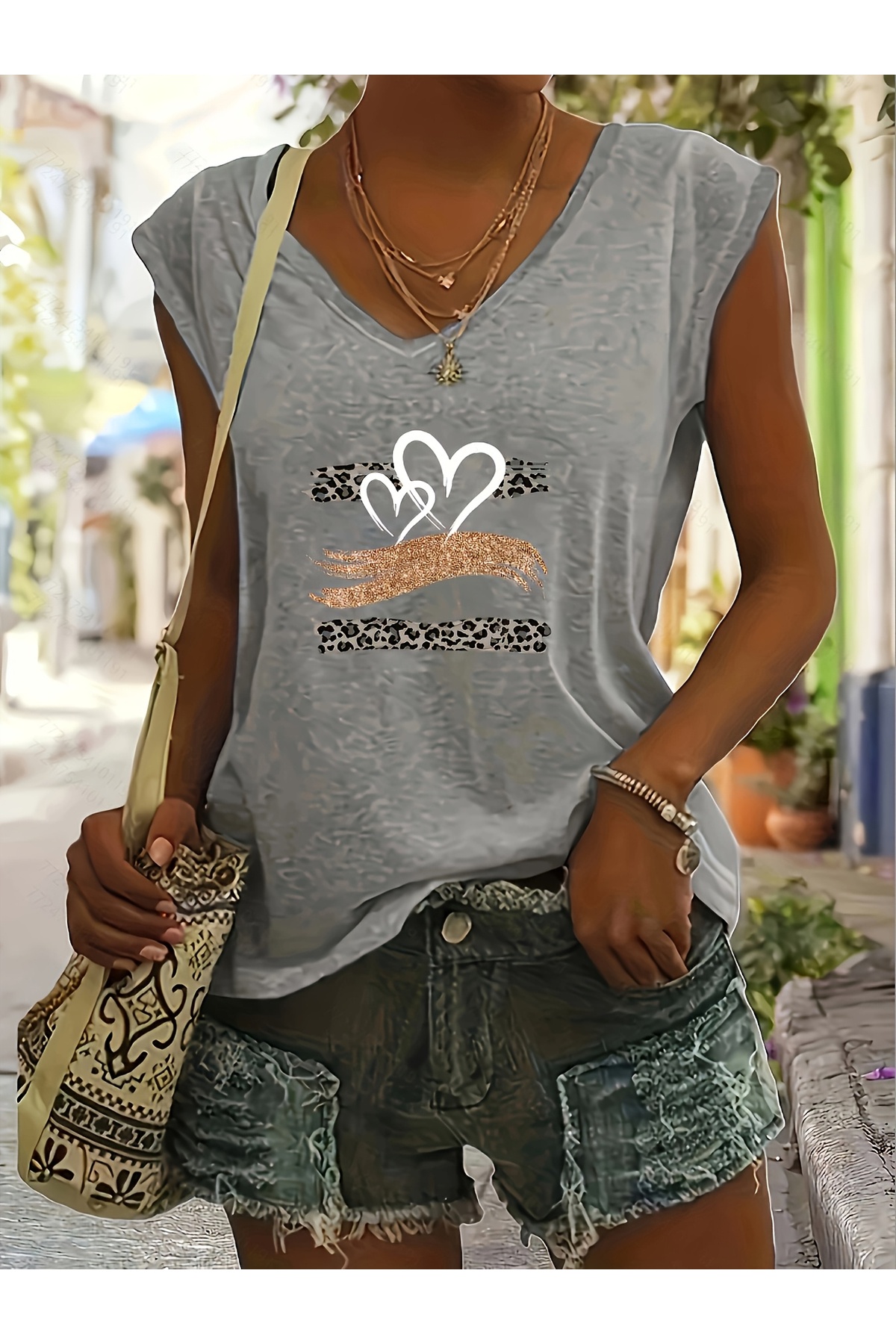 Women's Sleeveless V-Neck Printed Casual Cut Loose Fit T-shirt