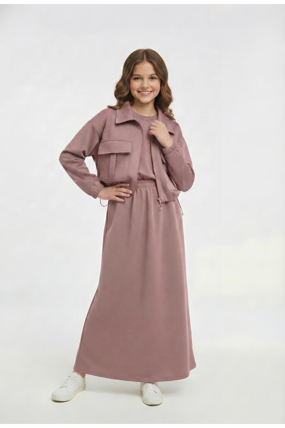 Girls Jacket Long Skirt Hijab Set-AÜT-2040