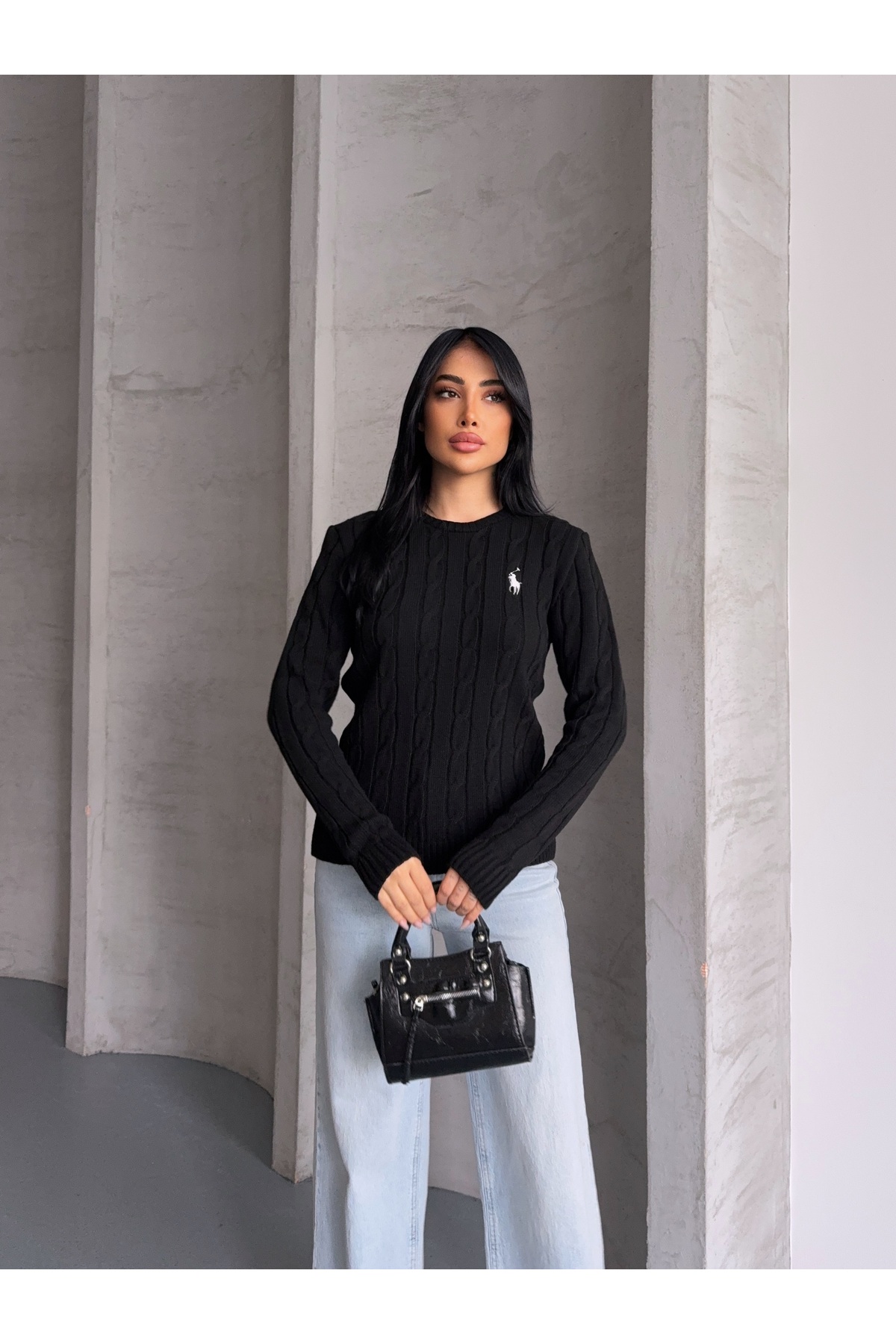 erki triko  Bisiklet Yaka Nakış Detaylı Saç Örgü Triko Kazak - Görsel 5