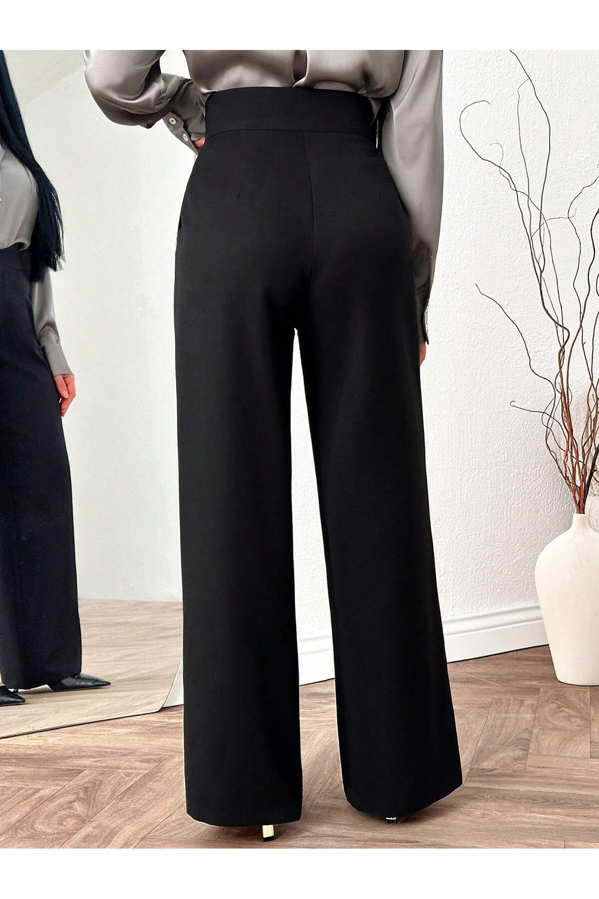 DUUE FASHİON  Kadın Palazzo Yarım Kemer Kumaş Pantolon - Görsel 4