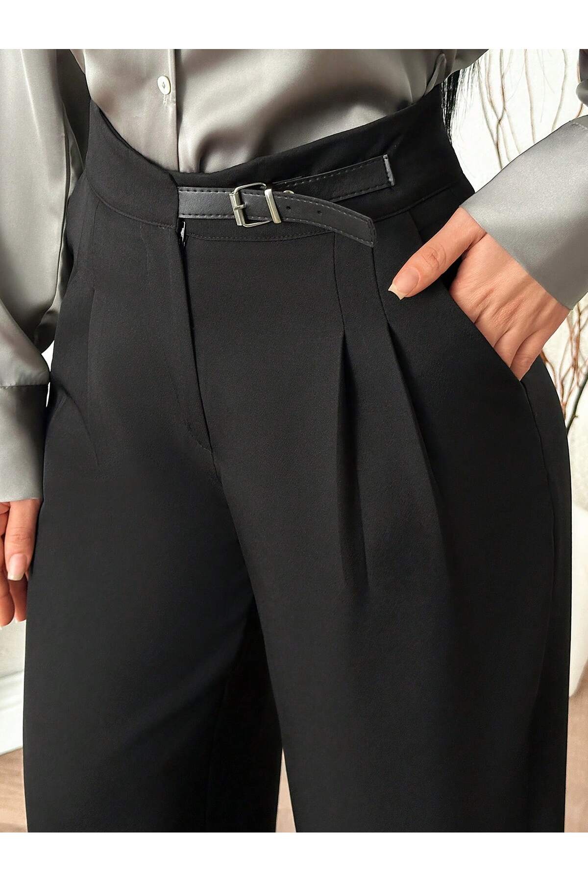 DUUE FASHİON  Kadın Palazzo Yarım Kemer Kumaş Pantolon - Görsel 2