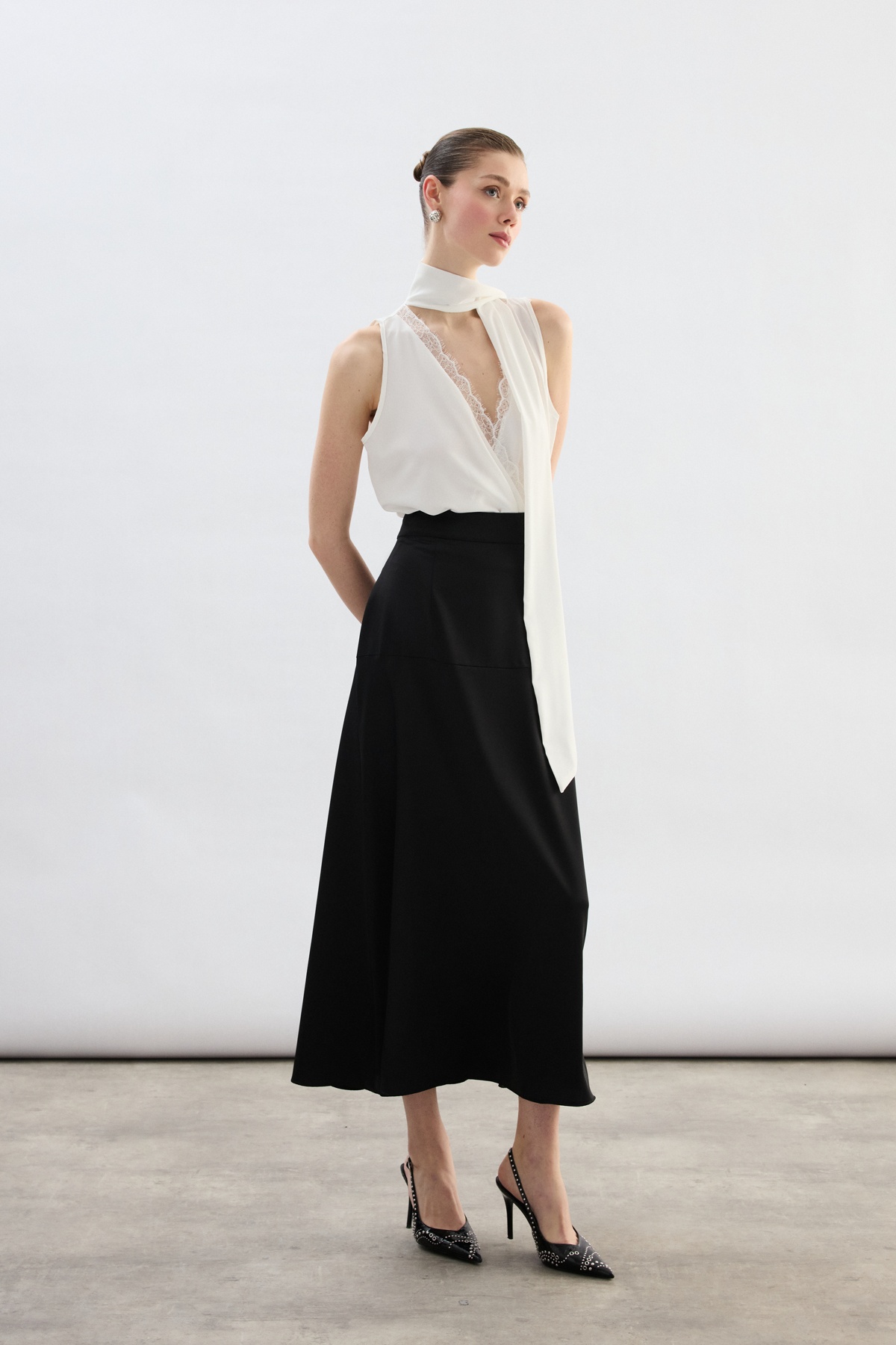 Sateen  Yüksek Bel Saten Etek - Siyah - Görsel 4