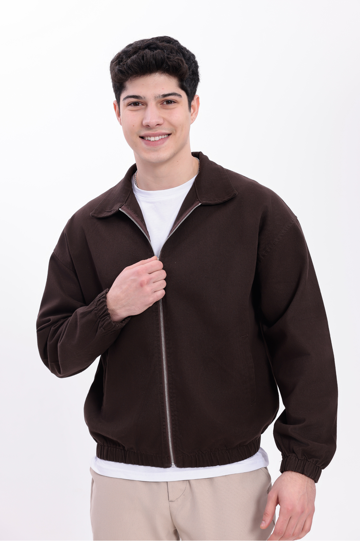 Gizrain  Erkek Kiremit Gabardin Kumaş Fermuarlı Oversize Beli Lastikli Mevsimlik Mont Ceket - Görsel 4