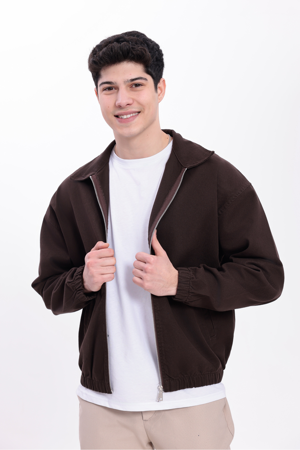 Gizrain  Erkek Kiremit Gabardin Kumaş Fermuarlı Oversize Beli Lastikli Mevsimlik Mont Ceket - Görsel 6