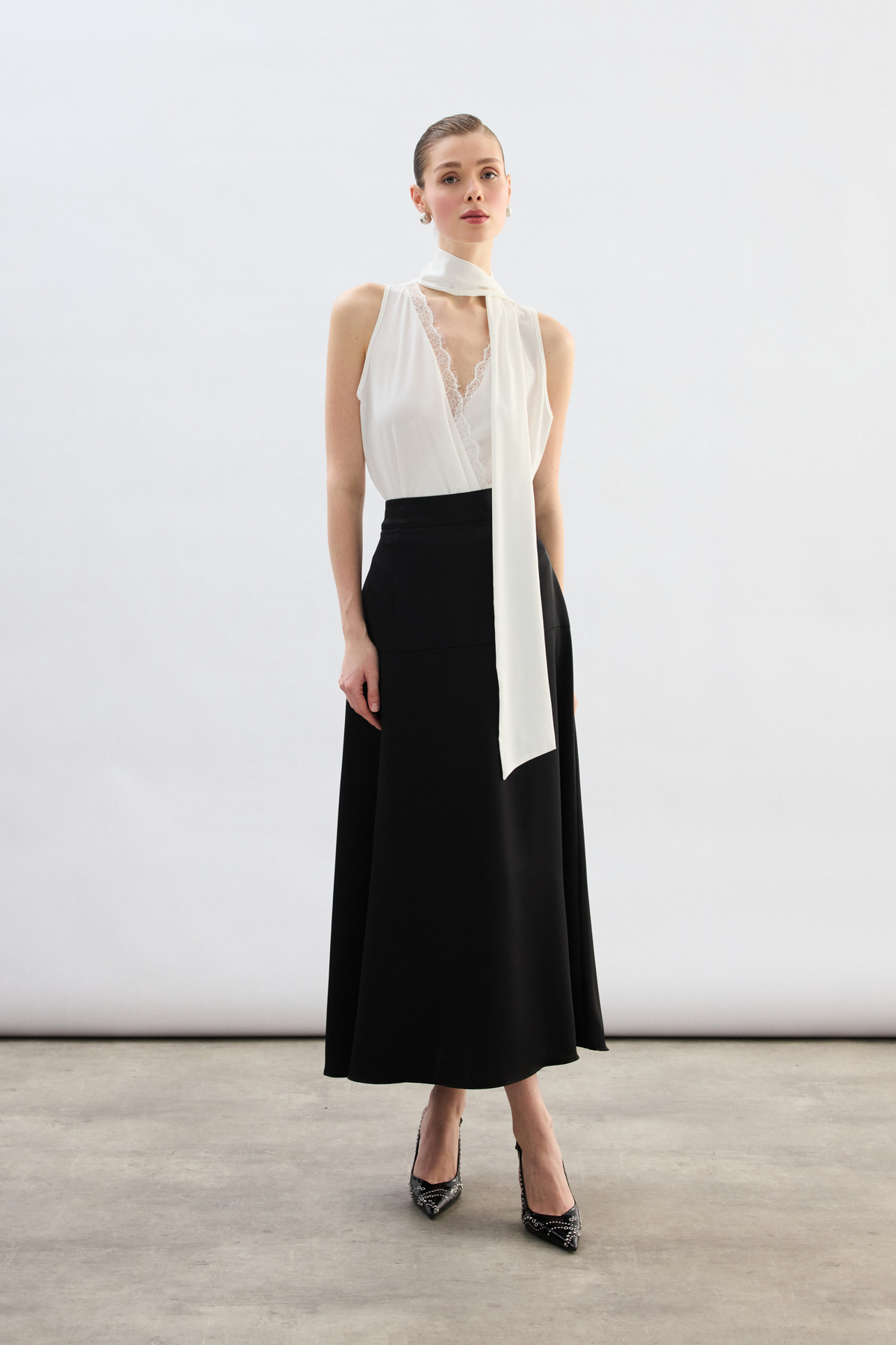 Sateen  Yüksek Bel Saten Etek - Siyah - Görsel 6