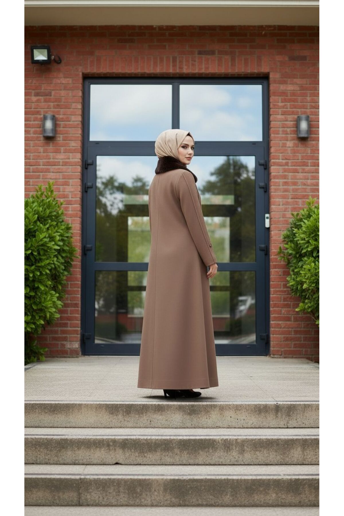 ESİN GİYİM  Yakası Çıkarılabilir Kürklü Büyük Beden Kaşe Palto - Görsel 4