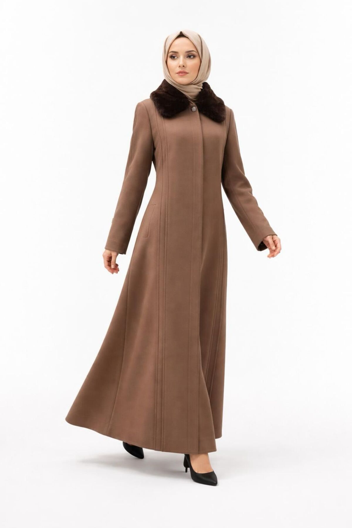 ESİN GİYİM  Yakası Çıkarılabilir Kürklü Büyük Beden Kaşe Palto - Görsel 5